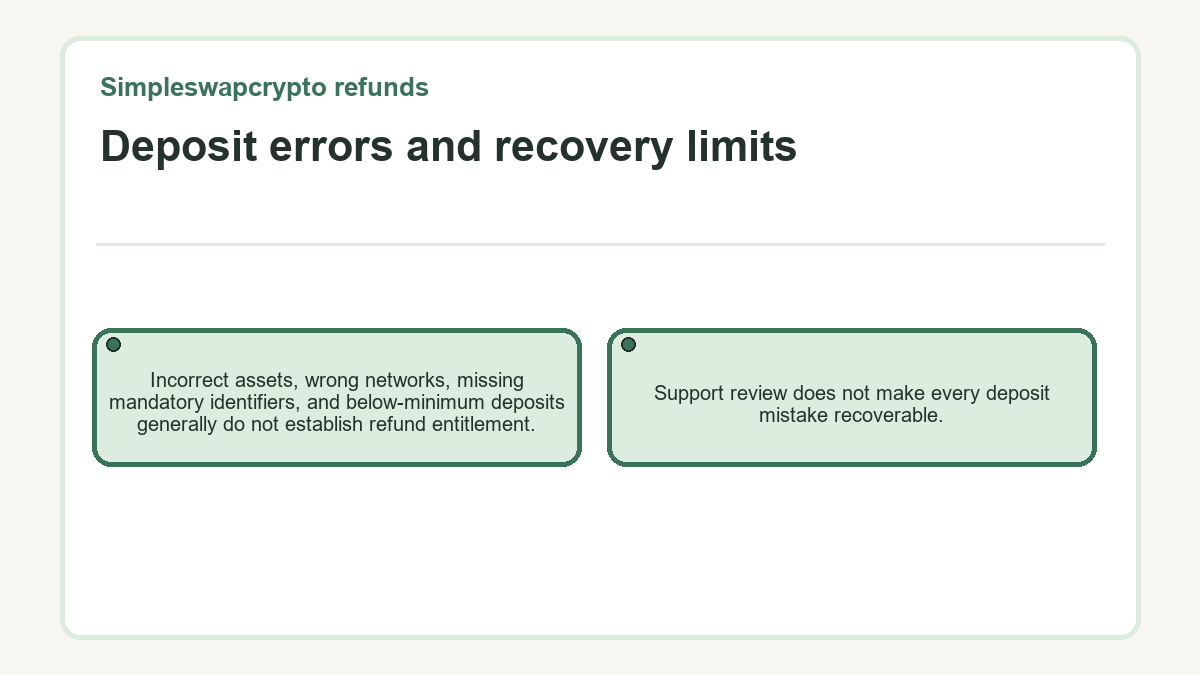 Visual summary: Simpleswapcrypto refunds: Deposit errors and recovery limits